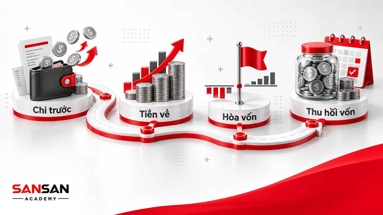Đường đi bốn cột mốc từ chi phí ban đầu, tiền về, điểm hòa vốn đến thu hồi vốn của nguồn thu nhập thụ động