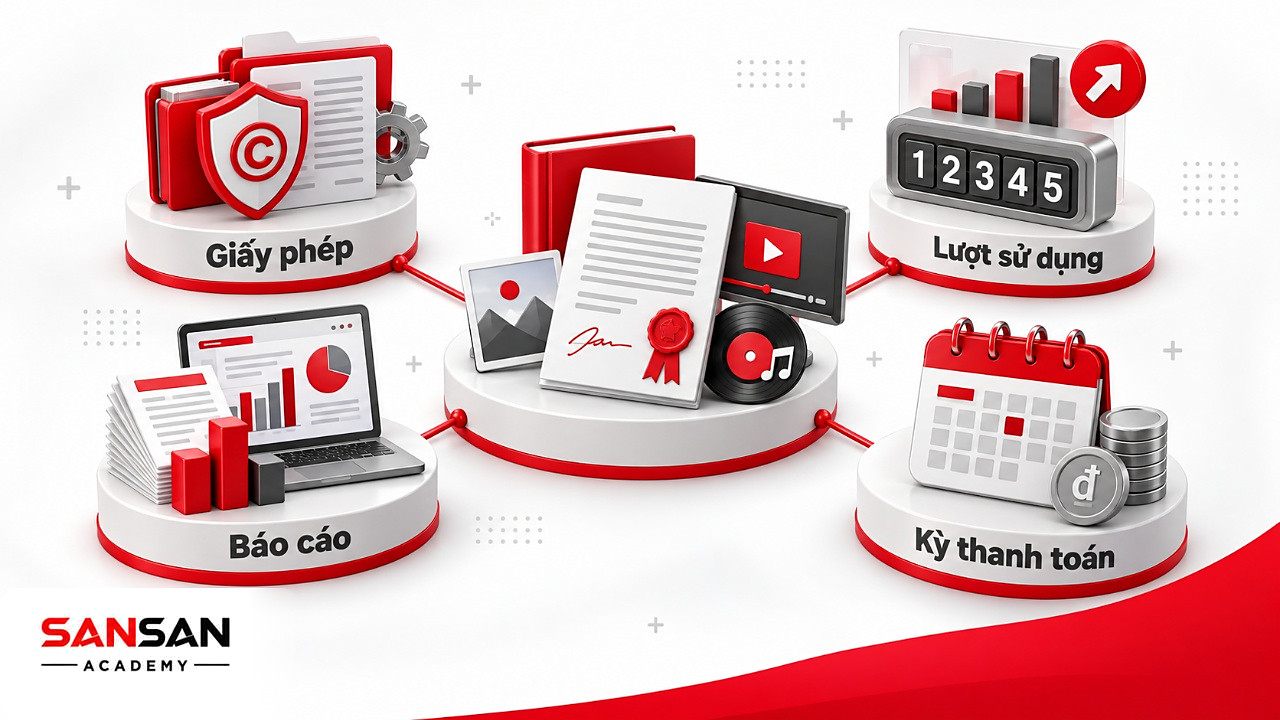 Hợp đồng cấp phép ở tâm nối sách, ảnh, video, nhạc với lượt sử dụng và kỳ thanh toán của thu nhập thụ động