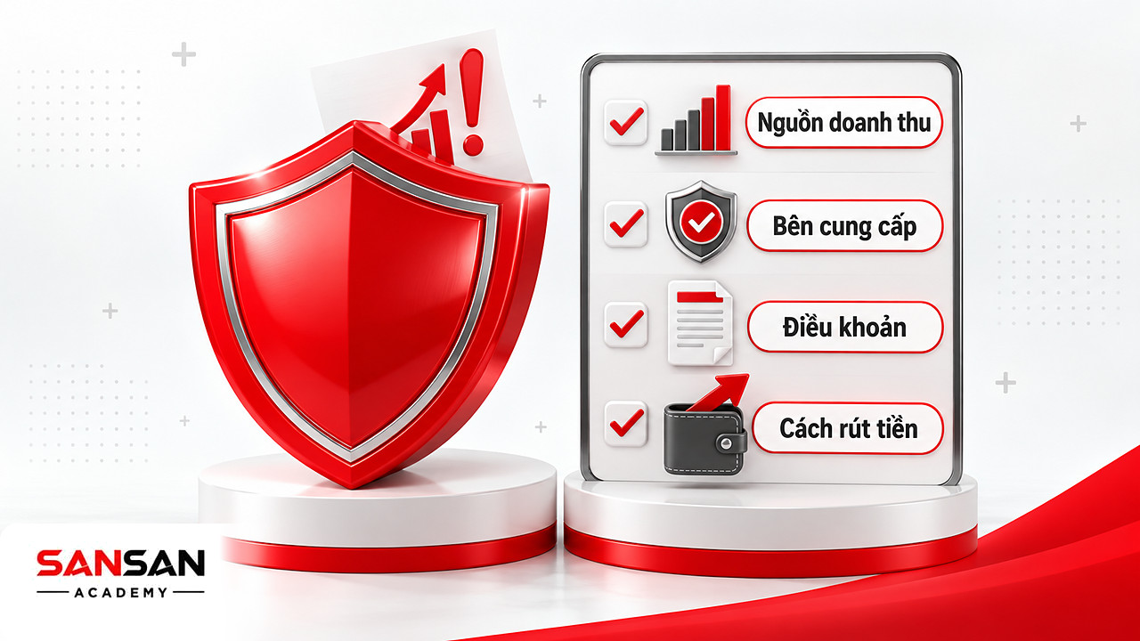 Khiên đỏ chặn tờ rơi hứa lợi nhuận cao cạnh danh sách kiểm tra trước khi bỏ tiền vào thu nhập thụ động