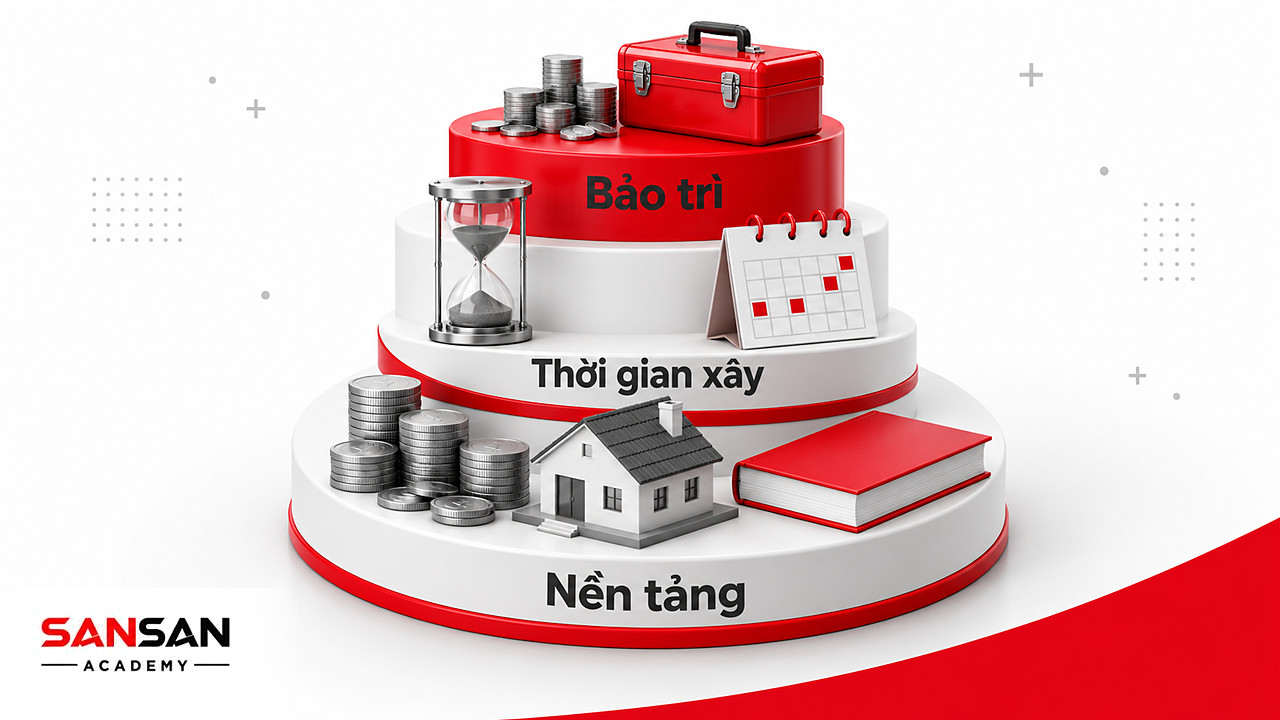 Kim tự tháp với nền vốn, tài sản, tác phẩm, tầng thời gian xây dựng và hộp dụng cụ bảo trì thu nhập thụ động