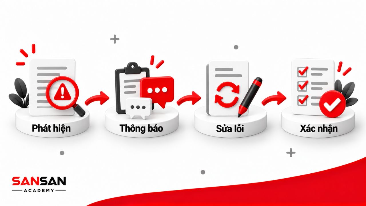 Quy trình phát hiện, thông báo, sửa lỗi và xác nhận kết quả.
