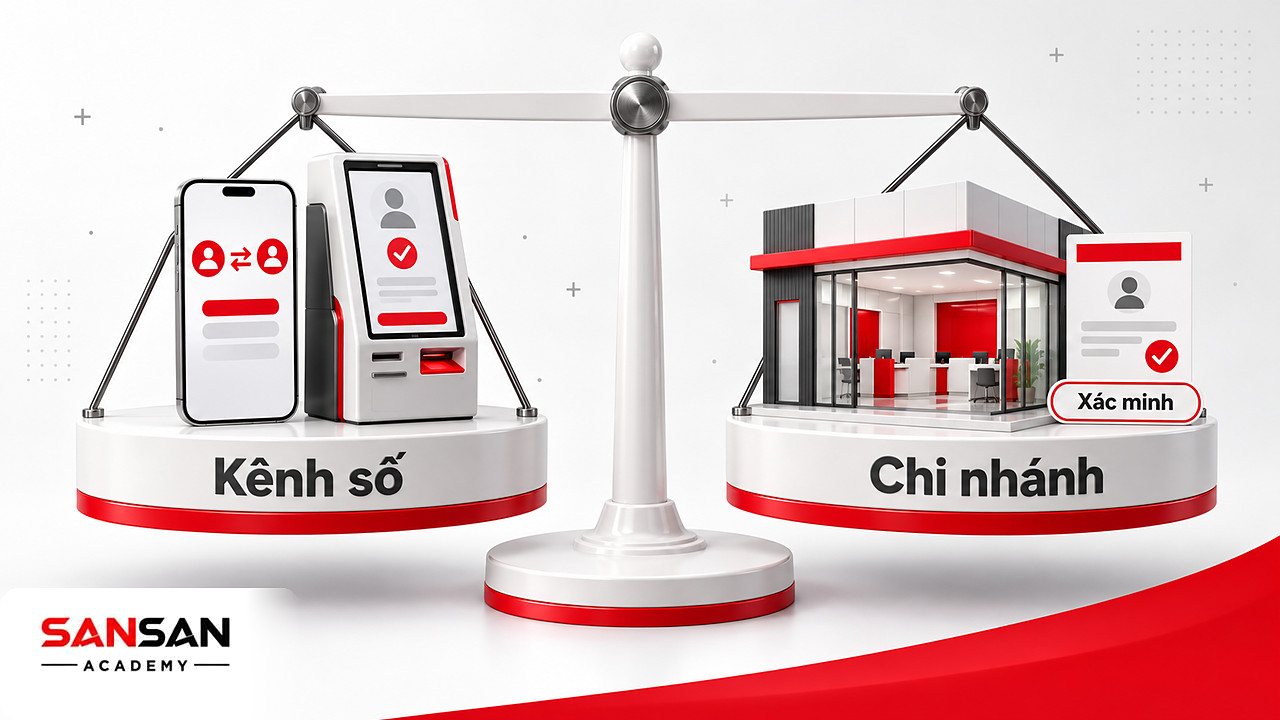 Cán cân thăng bằng giữa kênh ngân hàng số trên điện thoại, máy tự phục vụ và quầy chi nhánh xác minh hồ sơ