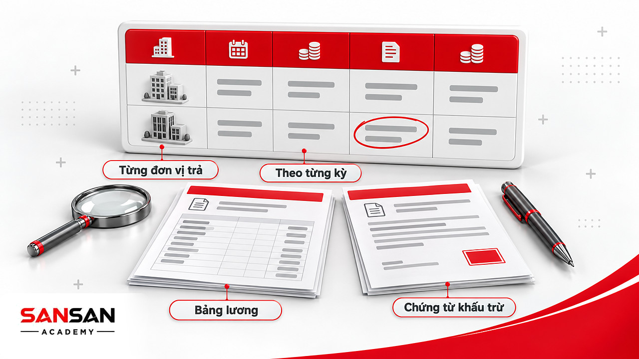 Bảng đối chiếu thuế cá nhân đã khấu trừ theo từng đơn vị trả thu nhập và từng kỳ, có ô chênh lệch