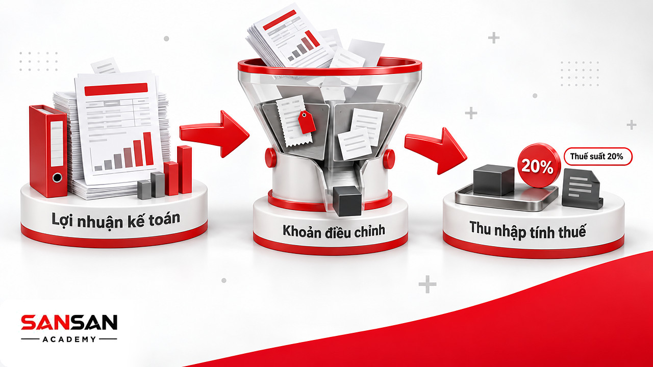 Phễu đưa lợi nhuận kế toán qua khoản điều chỉnh thành thu nhập tính thuế, thuế suất 20% theo thuế tại Việt Nam