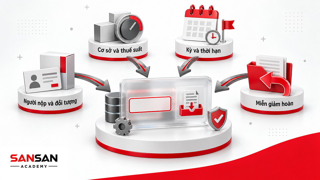 Bốn yếu tố quy tụ về một nghĩa vụ thuế tại Việt Nam: người nộp, cơ sở và thuế suất, kỳ tính thuế, miễn giảm hoàn