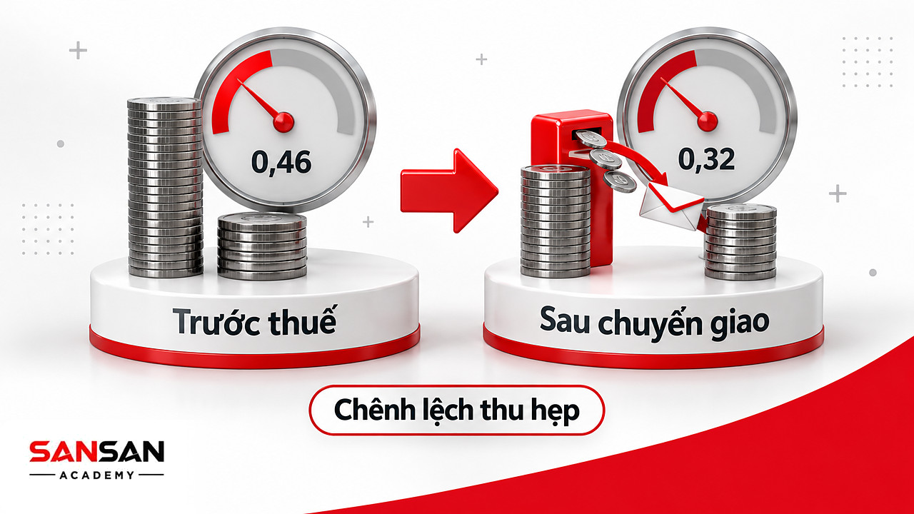 Hai chồng tiền trước và sau thuế với hệ số Gini OECD 0,46 và 0,32, gợi ý vai trò phân phối của thuế tại Việt Nam