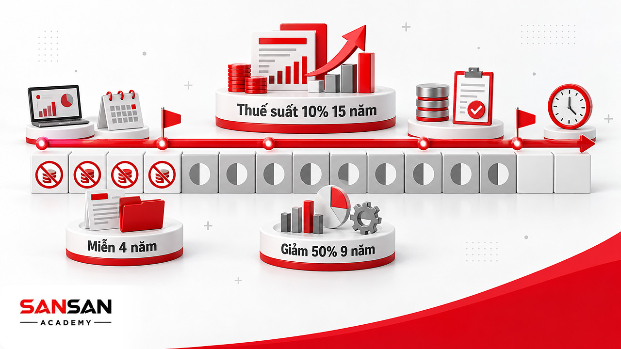 Dòng thời gian thuế suất ưu đãi 10% trong 15 năm, miễn 4 năm và giảm 50% thuế thu nhập doanh nghiệp