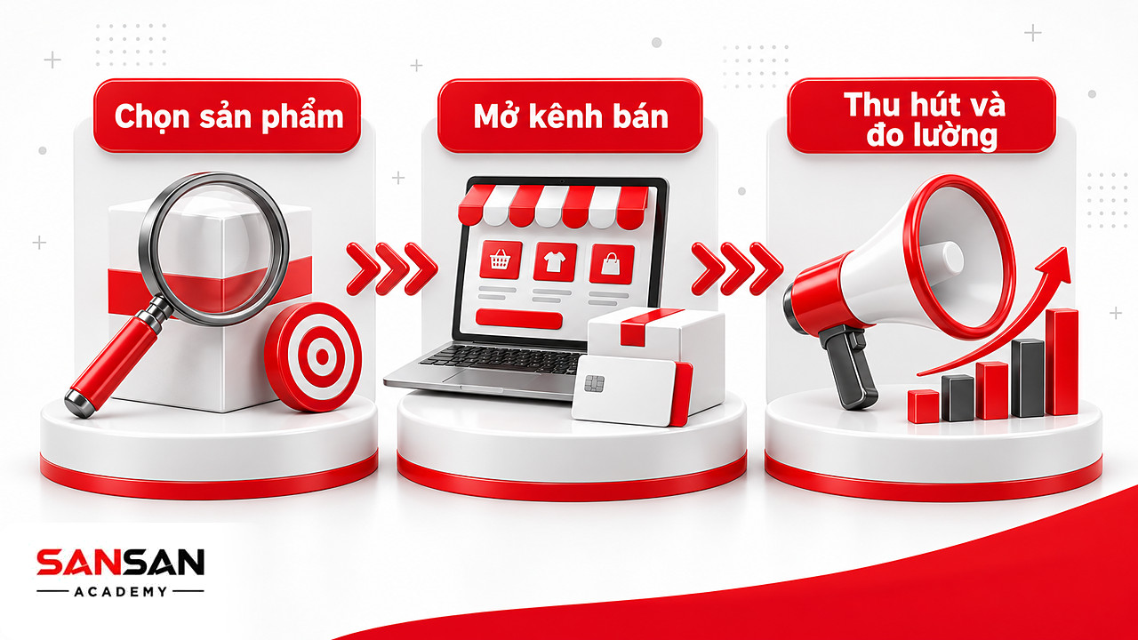 Ba chặng bắt đầu kinh doanh thương mại điện tử: chọn sản phẩm, mở kênh bán, thu hút và đo lường
