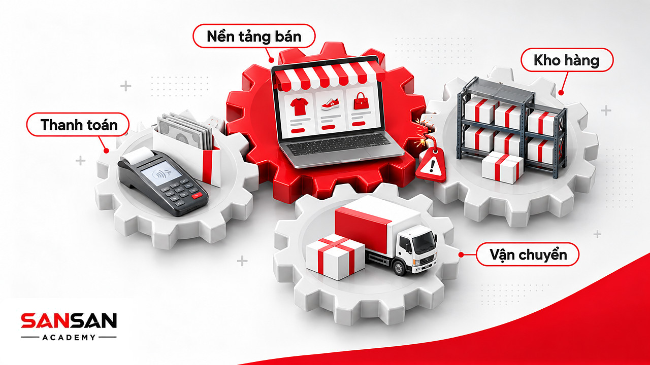 Bánh răng nền tảng bán, kho, thanh toán và vận chuyển ăn khớp trong một đơn thương mại điện tử