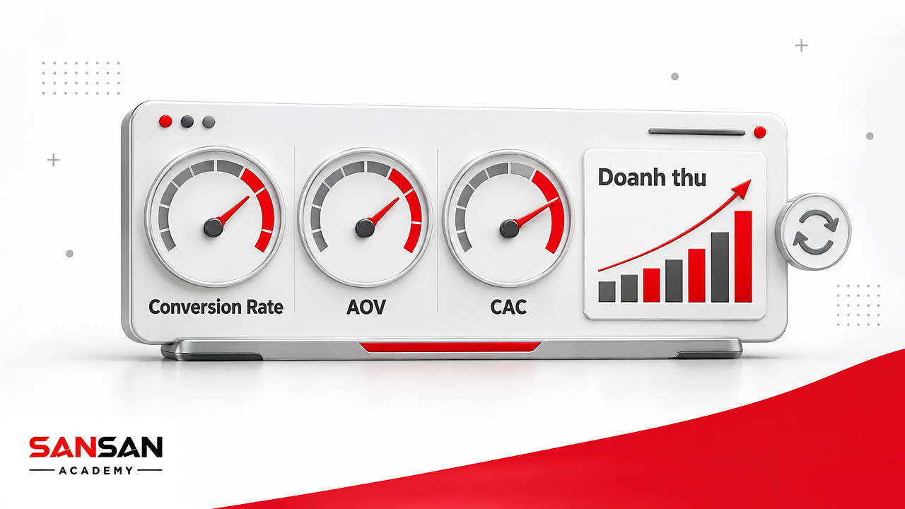 Bảng đồng hồ đo Conversion Rate, AOV, CAC và doanh thu để đánh giá hiệu quả thương mại điện tử