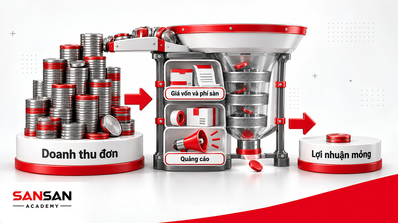 Phễu trừ giá vốn, phí sàn, vận chuyển và quảng cáo cho thấy lợi nhuận thương mại điện tử còn rất mỏng