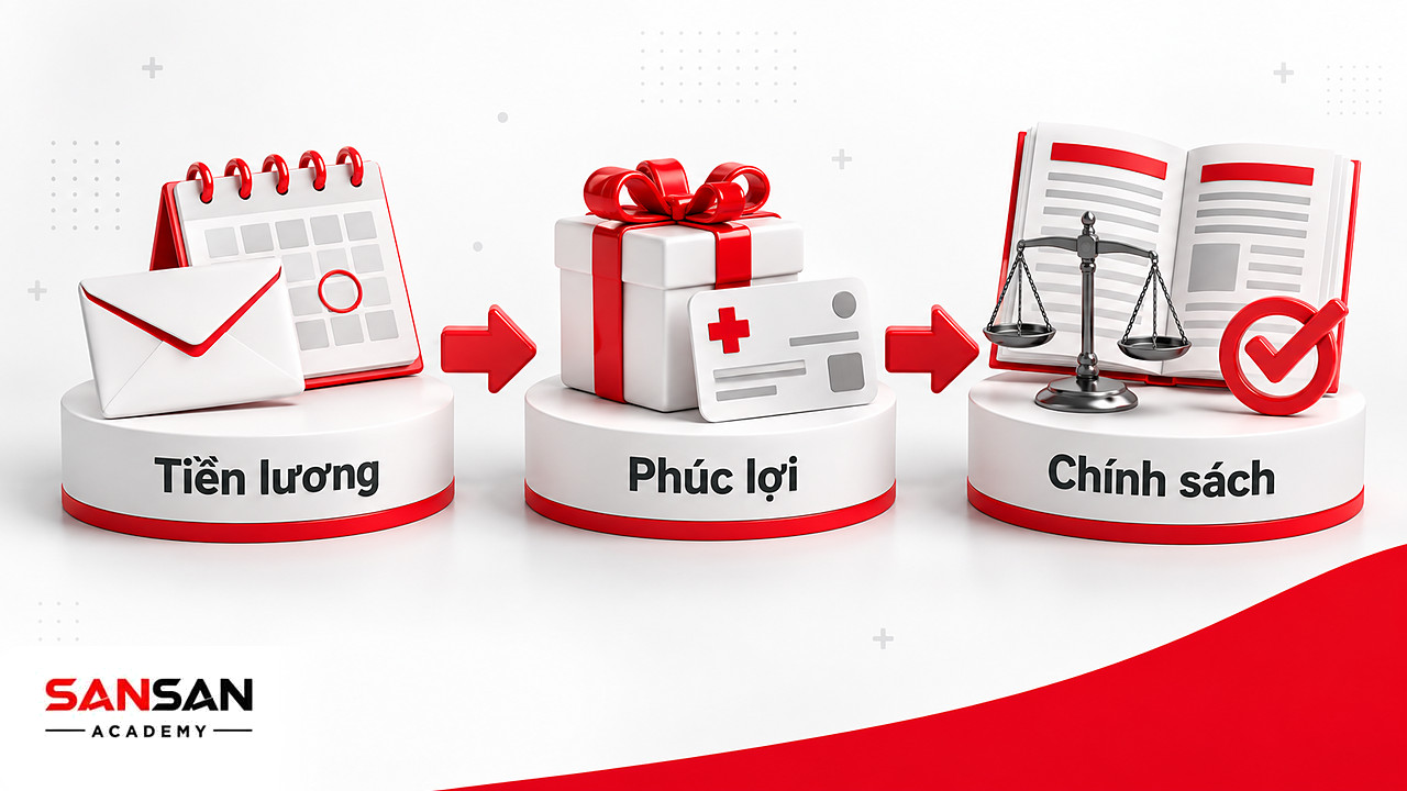 Ba bệ đặt phong bì lương, hộp quà phúc lợi và sổ chính sách, nhóm duy trì trong thuyết hai nhân tố của Herzberg