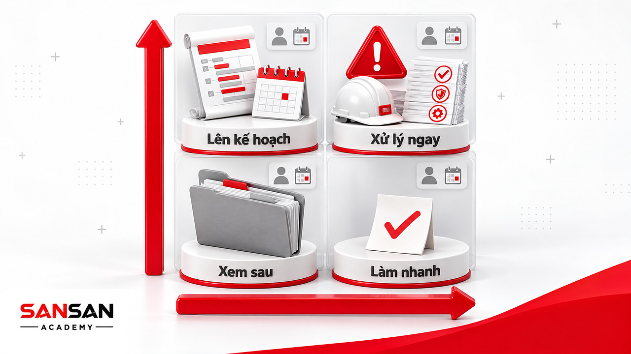 Ma trận 2×2 xếp nguyên nhân bất mãn theo mức ảnh hưởng và khả năng xử lý, ô đỏ là an toàn và phê duyệt chồng chéo