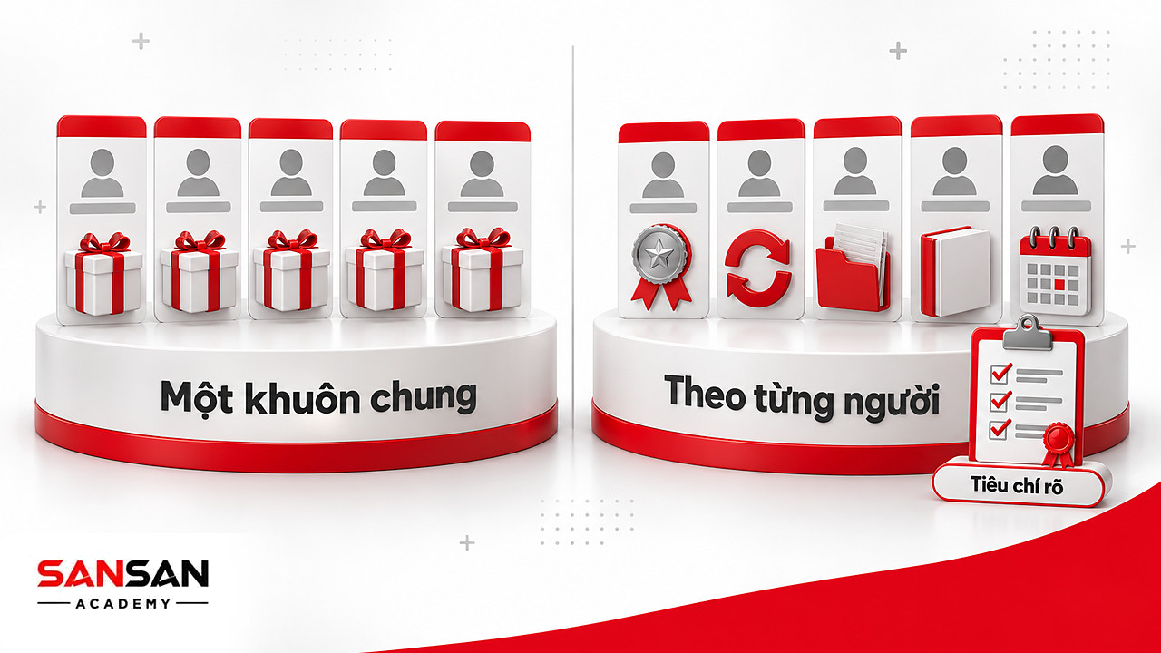 Bên trái năm hồ sơ nhận cùng một hộp quà, bên phải mỗi hồ sơ nhận giải pháp riêng kèm bảng tiêu chí minh bạch