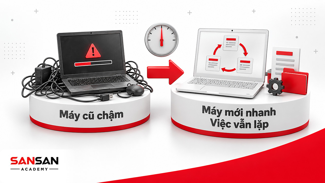 Laptop cũ báo lỗi bên trái, laptop mới bên phải vẫn lặp một việc, kim đo mức hài lòng đứng ở giữa