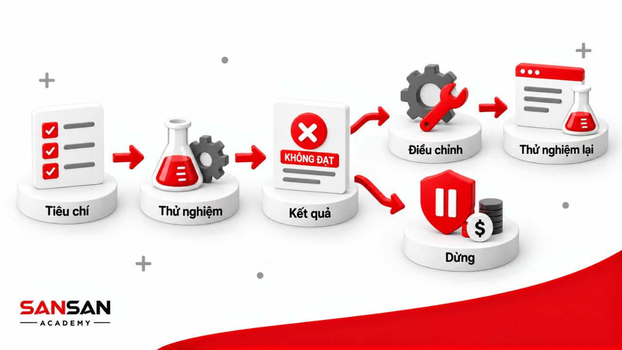 Kết quả thử nghiệm không đạt dẫn đến điều chỉnh hoặc dừng.