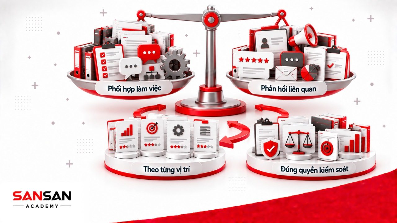 Tiêu chí đánh giá nhân viên về phối hợp, phản hồi nhiều bên và điều chỉnh theo cấp quản lý, bán hàng, kỹ thuật hoặc khối văn phòng.