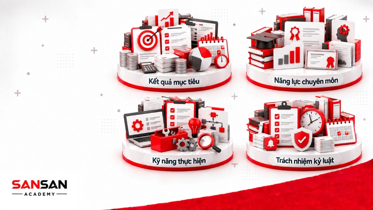 Tiêu chí đánh giá nhân viên gồm kết quả mục tiêu, năng lực chuyên môn, kỹ năng thực hiện, thái độ trách nhiệm và tính kỷ luật.