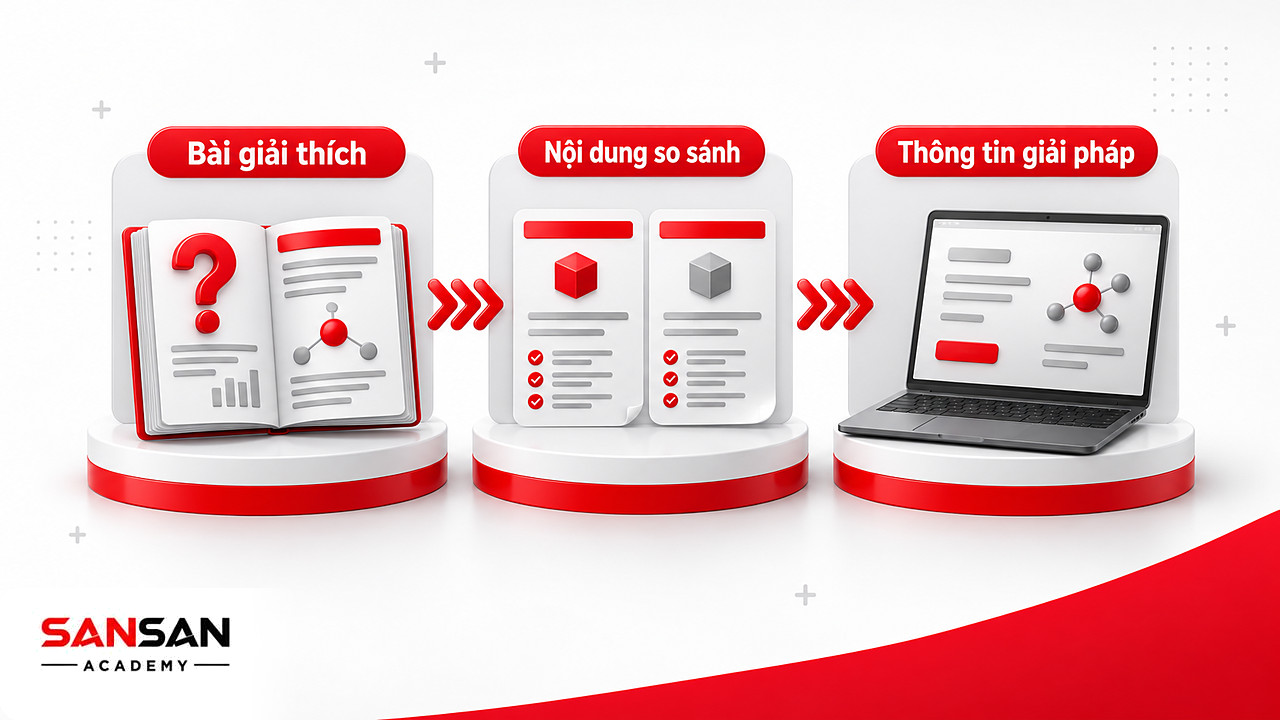Ba chặng nội dung SEO tìm kiếm khách hàng: bài giải thích, nội dung so sánh và thông tin giải pháp