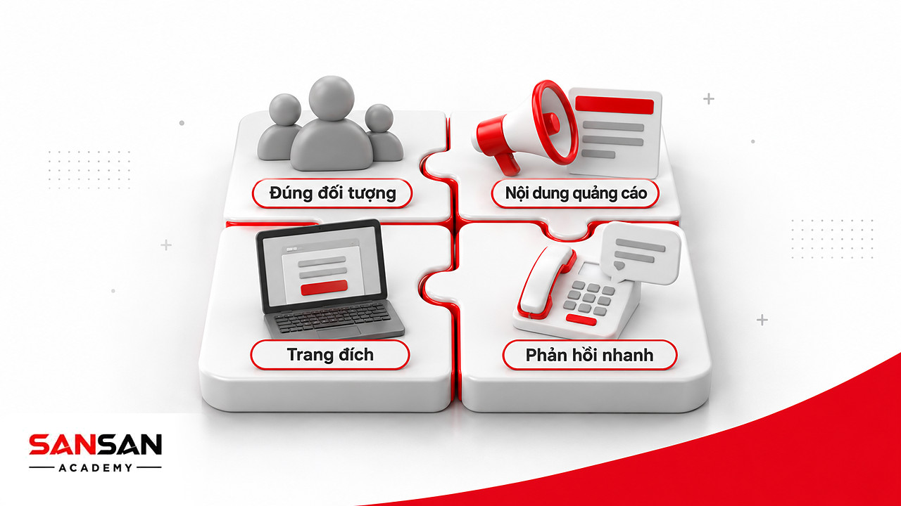 Bốn mảnh ghép đối tượng, nội dung, trang đích và phản hồi trong quảng cáo tìm kiếm khách hàng