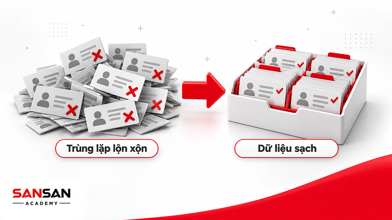 Dữ liệu tìm kiếm khách hàng trước khi làm sạch đầy bản ghi trùng và sau khi xếp gọn đúng trạng thái