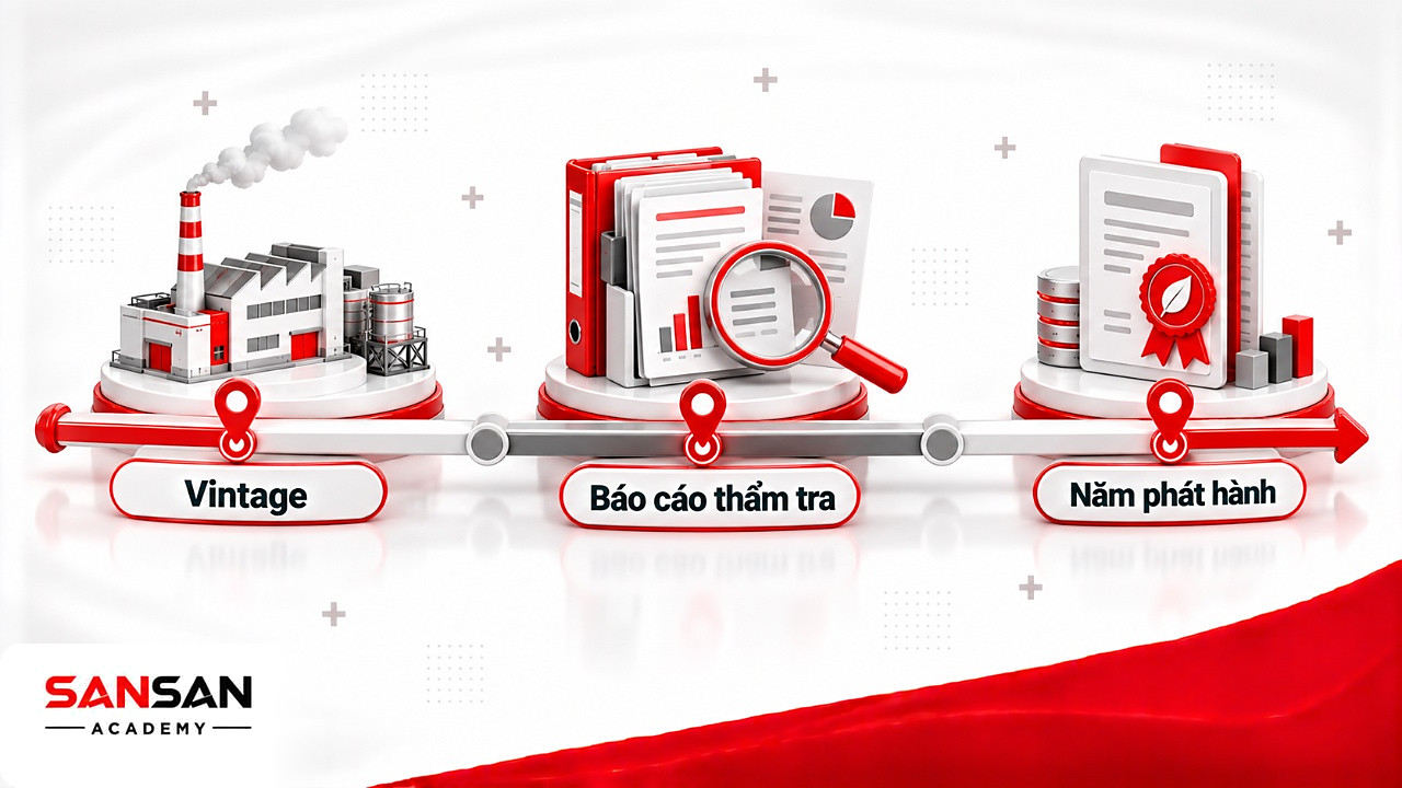 Dòng thời gian từ năm giảm phát thải qua báo cáo thẩm tra tới năm phát hành tín chỉ carbon
