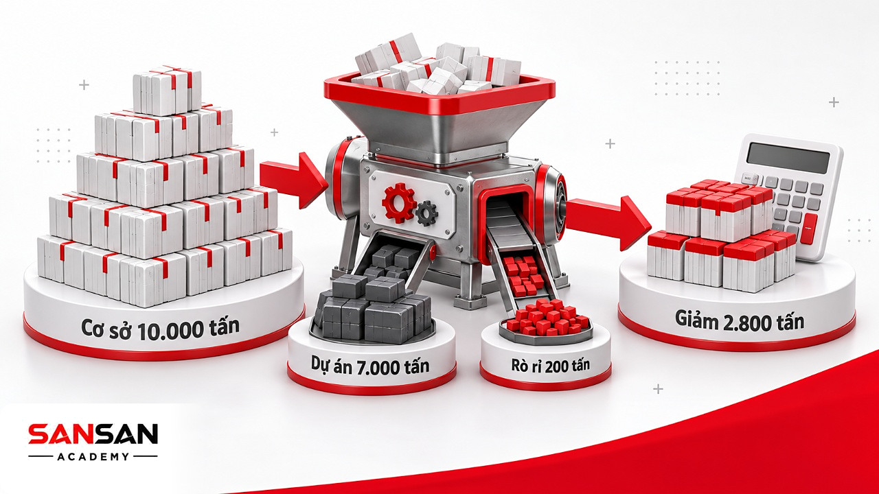 Phép tính lượng giảm: 10.000 tấn cơ sở trừ 7.000 tấn dự án và 200 tấn rò rỉ còn 2.800 tấn cho tín chỉ carbon
