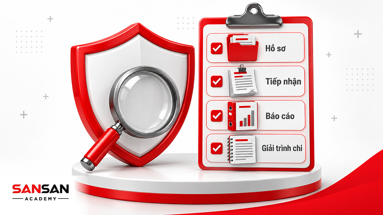 Khiên và danh sách kiểm tra hồ sơ, sổ tiếp nhận, báo cáo tài chính để đánh giá minh bạch tổ chức phi lợi nhuận