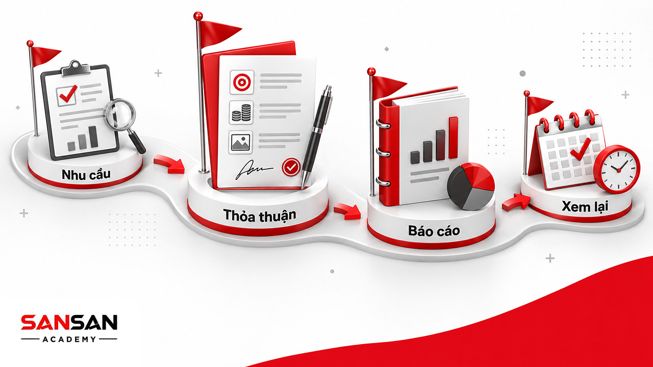 Lộ trình tài trợ tổ chức phi lợi nhuận từ đánh giá nhu cầu, thỏa thuận, báo cáo đến mốc xem lại kết quả