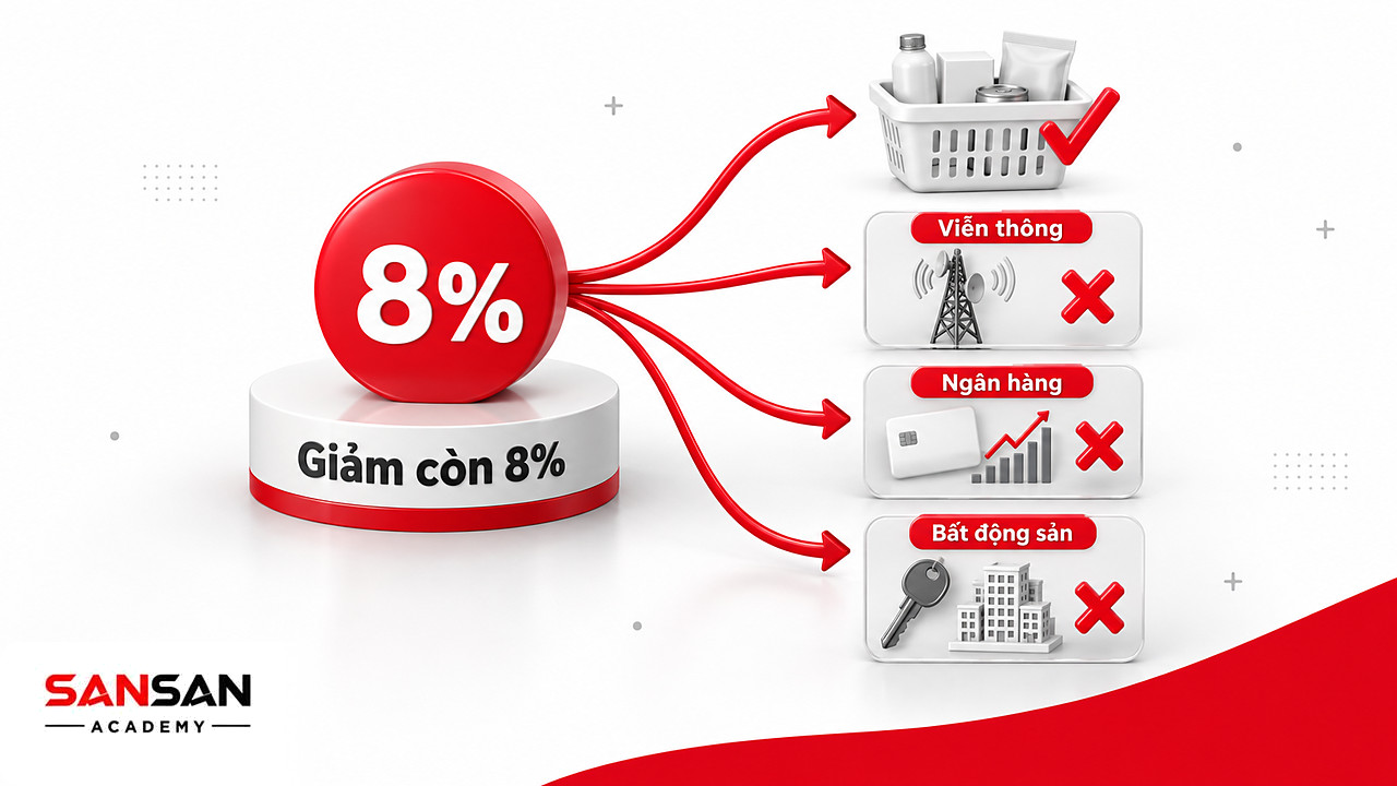Huy hiệu giảm VAT còn 8% tỏa nhánh tới nhóm được giảm và các nhóm loại trừ như viễn thông, bất động sản