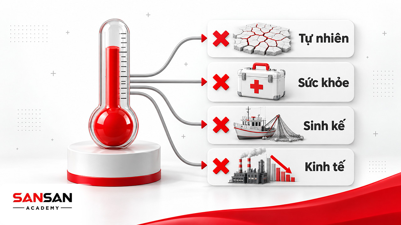 Nhiệt kế tỏa bốn nhánh hậu quả: biến đổi khí hậu khi một vấn đề môi trường trở thành rủi ro cho tự nhiên và con người