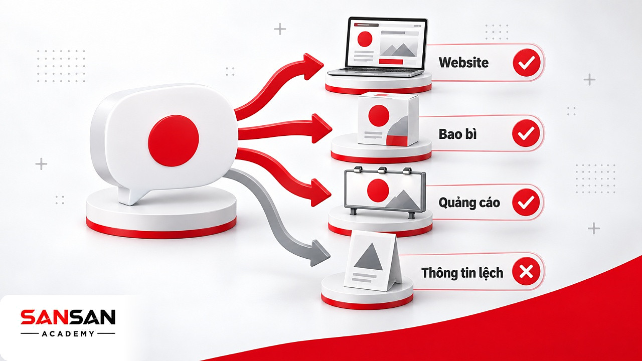 Một thông điệp tỏa ra website, bao bì và quảng cáo giữ cùng ý chính, kênh lệch ý bị đánh dấu sai