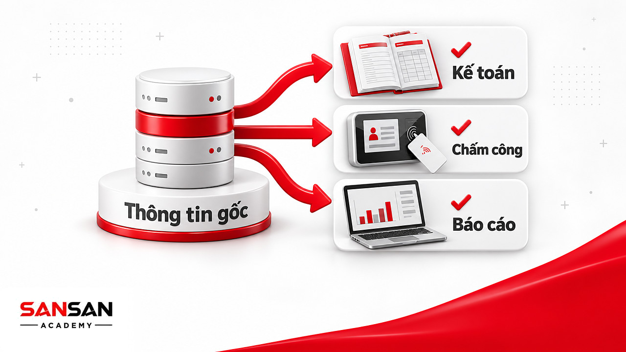 Một nguồn thông tin gốc tỏa sang kế toán, chấm công và báo cáo khi tích hợp phần mềm nhân sự