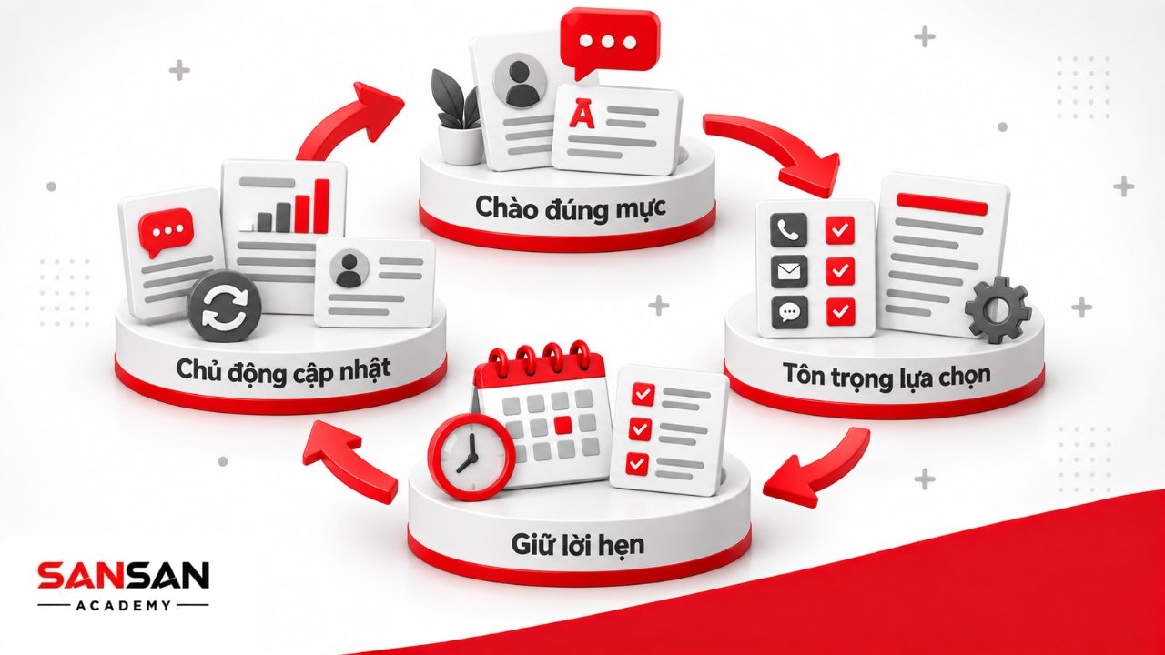 Giao tiếp với khách hàng lâu dài dựa trên cách chào hỏi phù hợp, tôn trọng lựa chọn, xin phép liên hệ và giữ lời hẹn.