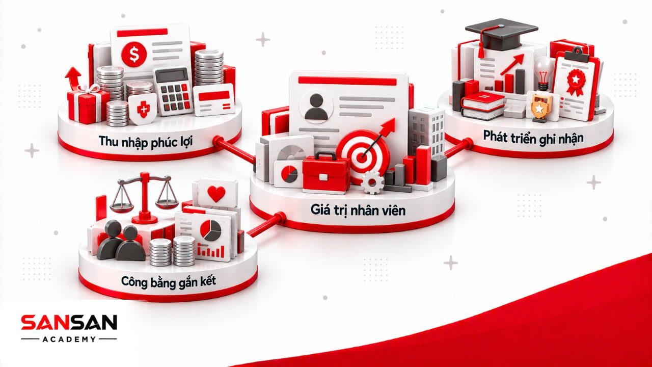 Tổng quan Total Rewards như hệ thống tổng đãi ngộ kết nối thu nhập, phúc lợi, sức khỏe, phát triển nghề nghiệp và ghi nhận.