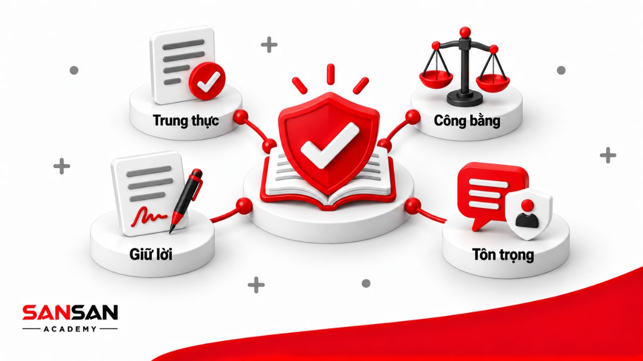 Trách nhiệm đạo đức dựa trên trung thực, công bằng, giữ lời và tôn trọng.