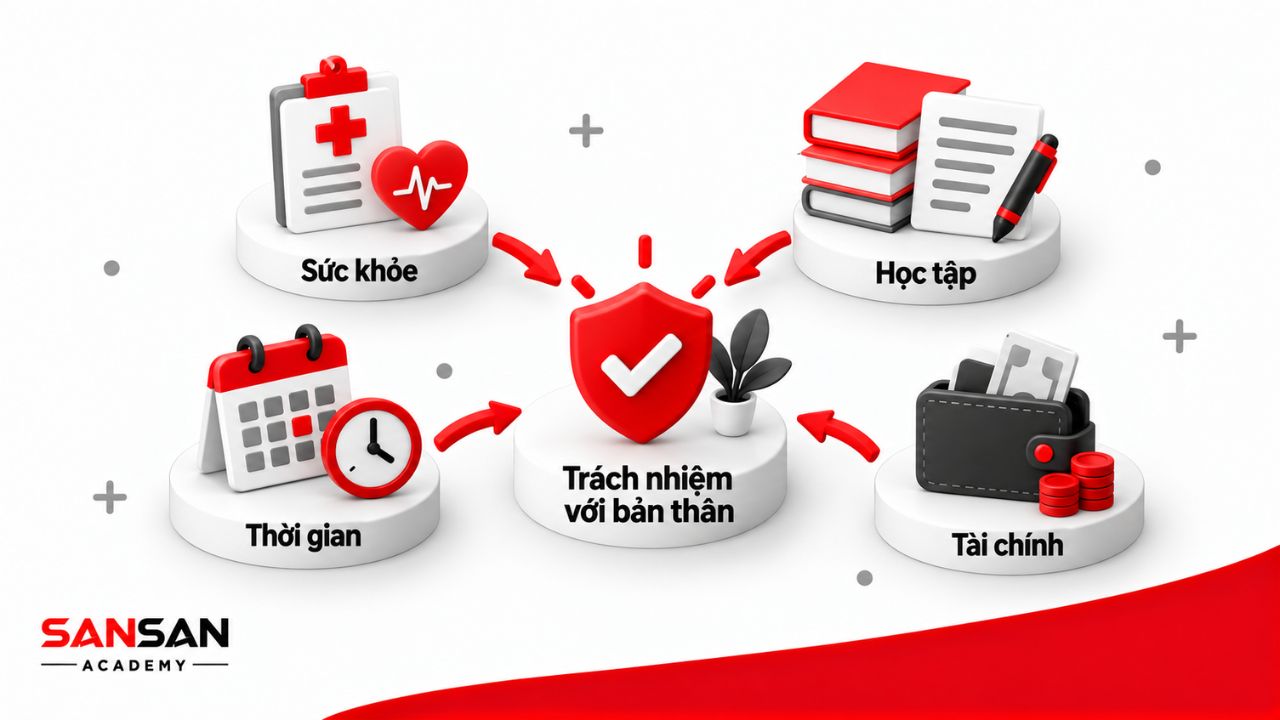 Các khía cạnh cá nhân gồm sức khỏe, học tập, thời gian và tài chính.