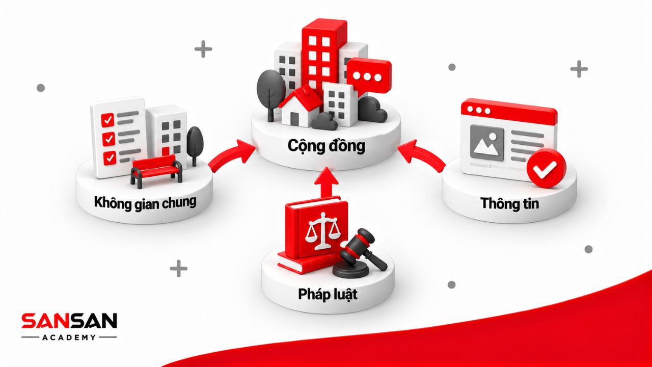Trách nhiệm cộng đồng gắn với không gian chung, thông tin và pháp luật.