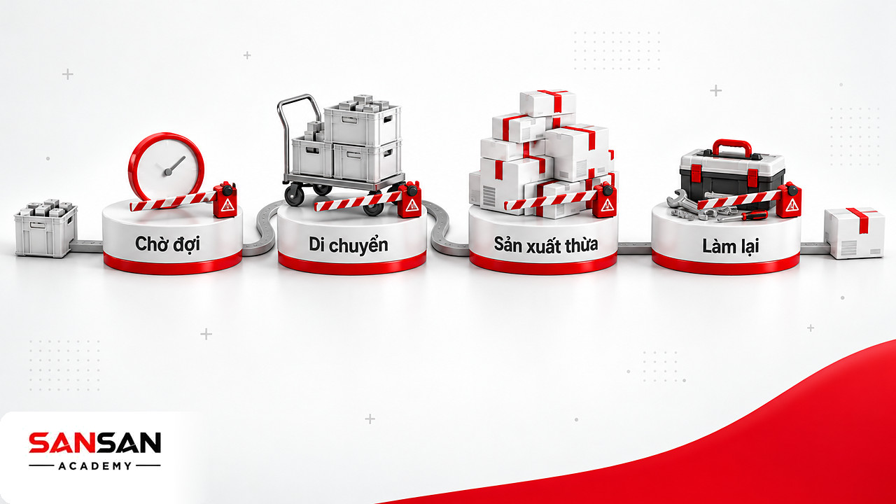 Bốn rào chắn chờ đợi, di chuyển, sản xuất thừa và làm lại trên dòng sản xuất tinh gọn