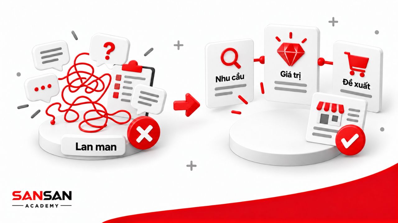 So sánh pitching lan man với cách trình bày tập trung vào giá trị