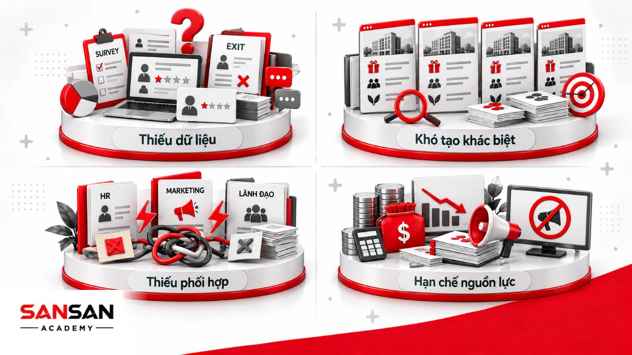 Trở ngại khi xây dựng EVP gồm thiếu dữ liệu, khó tìm điểm khác biệt, phối hợp kém giữa các bộ phận và hạn chế ngân sách truyền thông.