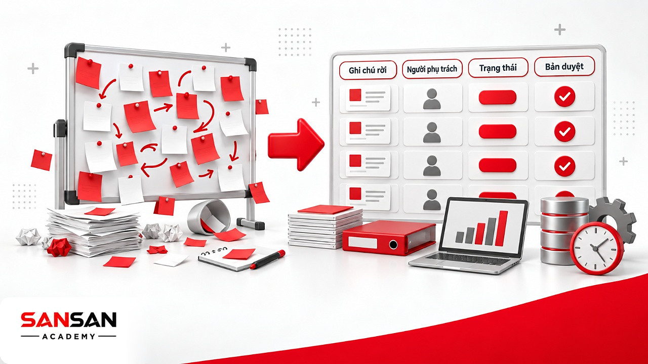 Bảng ghi chú rời rạc được sắp thành bảng roadmap có người phụ trách, trạng thái và bản đã duyệt