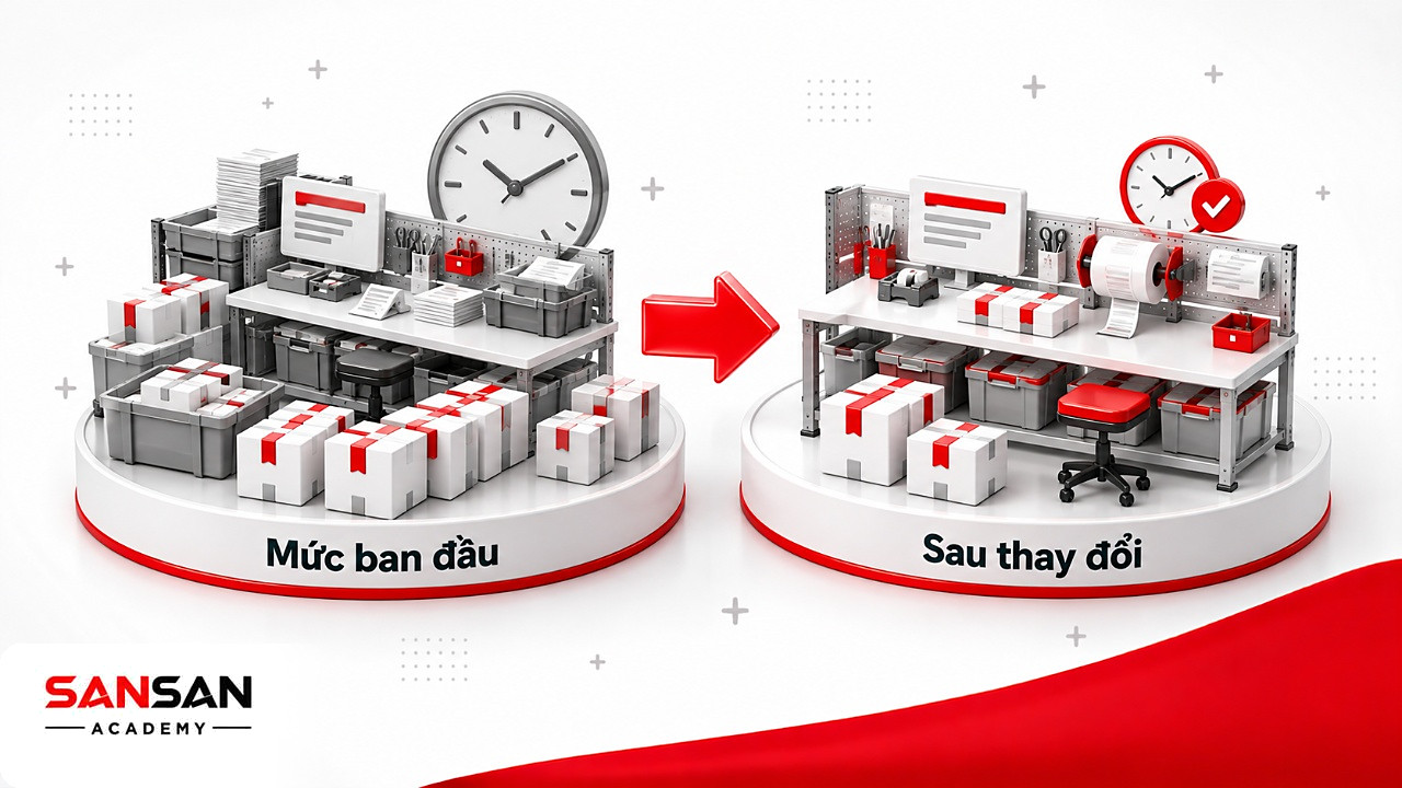 Trước và sau cải tiến từ buổi Gemba: hàng chờ dài ở mức ban đầu, ngắn lại sau thay đổi