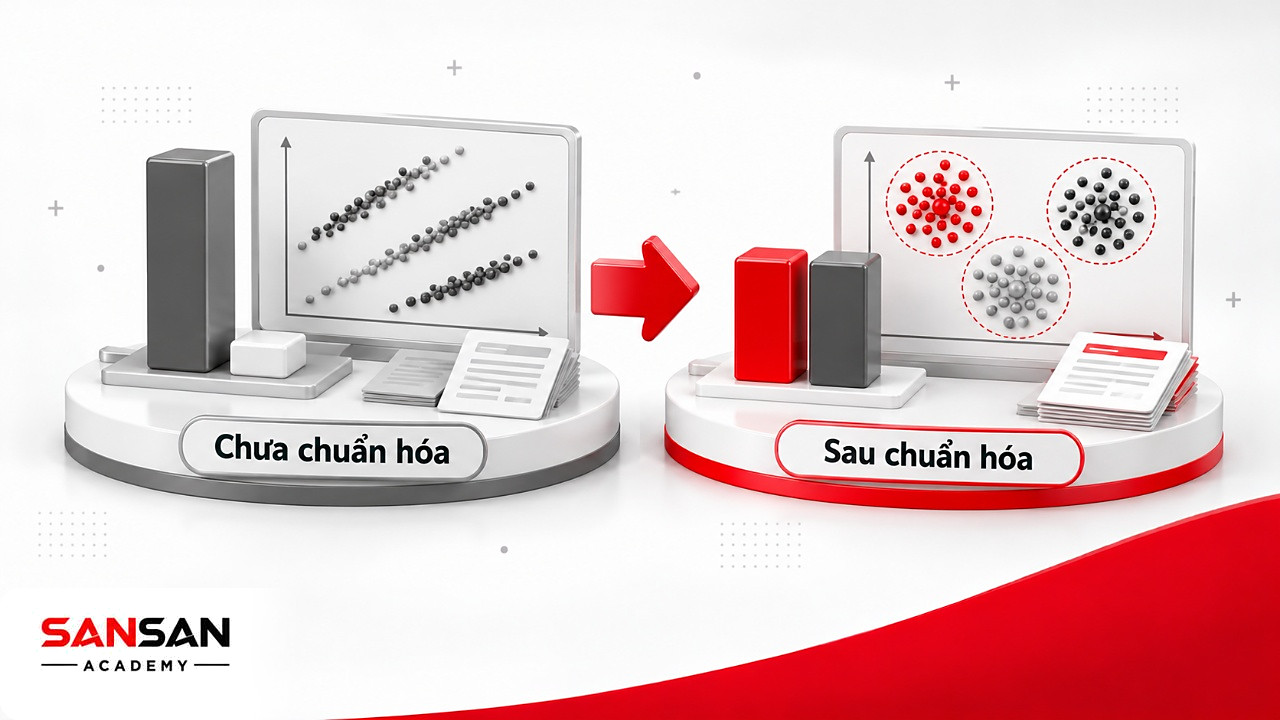 Trước và sau chuẩn hóa thang đo: chi tiêu không còn lấn át số lần mua trong Unsupervised Learning