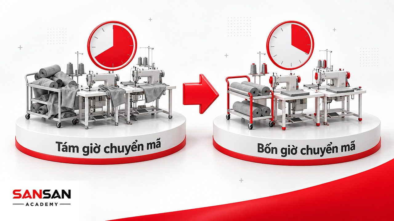 Trước và sau khi rút thời gian chuyển đổi mã hàng từ tám giờ xuống bốn giờ nhờ Lean Manufacturing