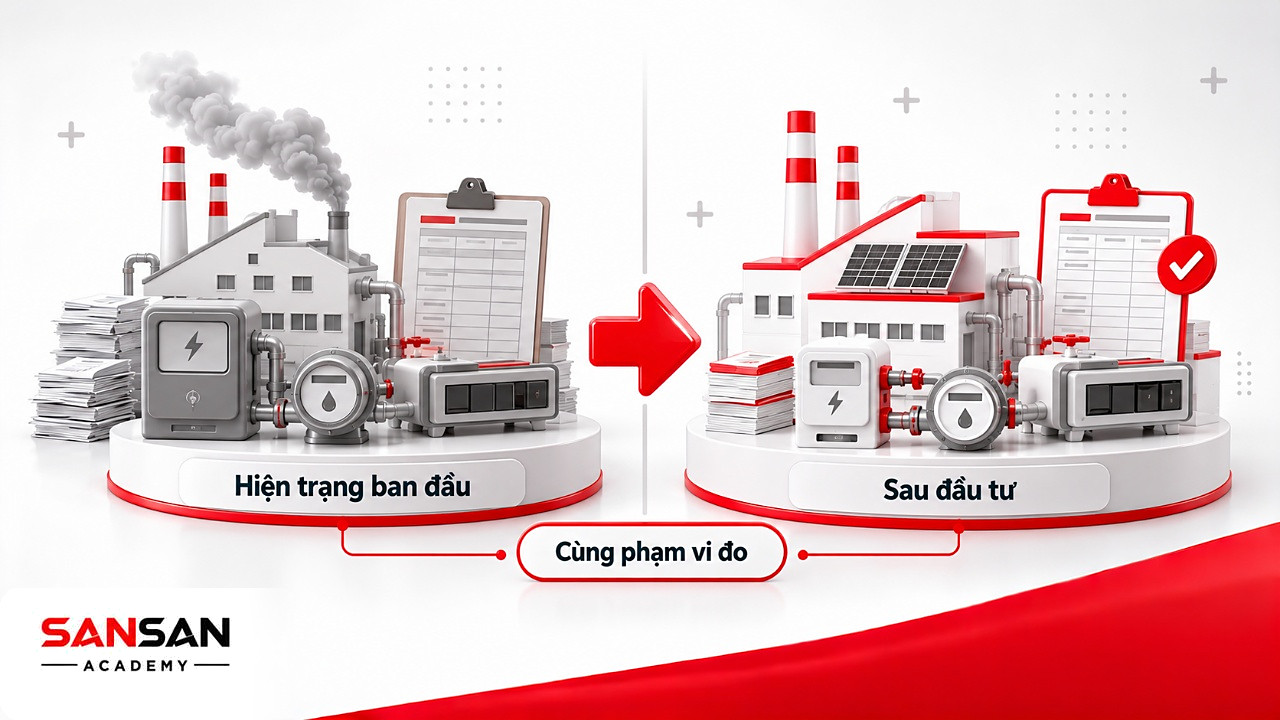 Nhà máy trước và sau đầu tư với đồng hồ điện, nước và sổ dữ liệu cùng phạm vi đo khi xin tài chính xanh