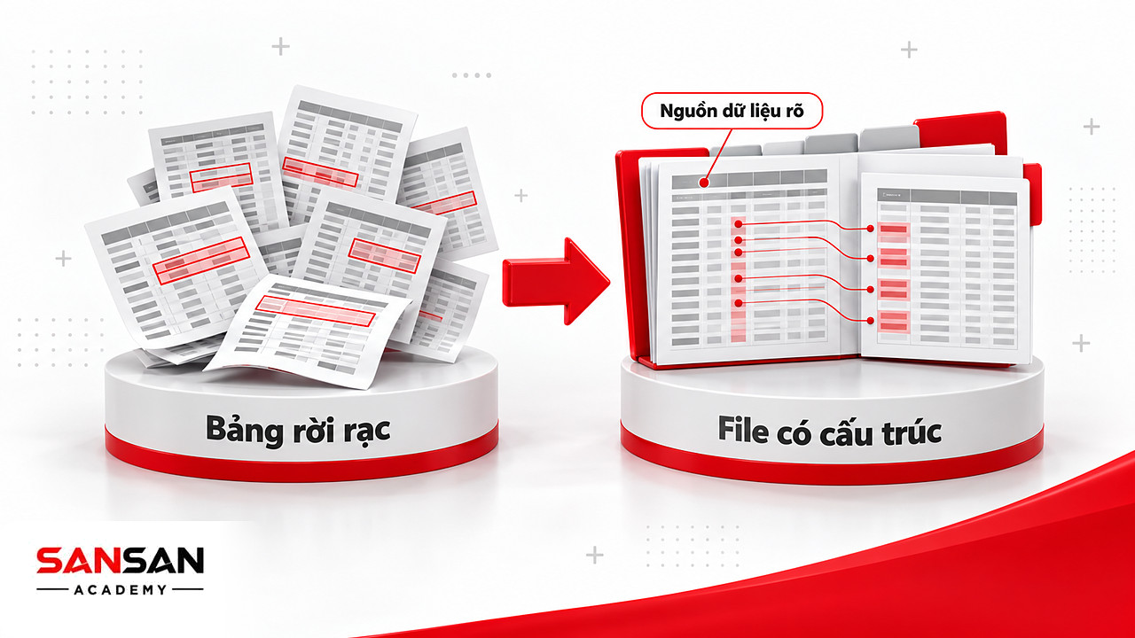 Trước và sau khi gom các bảng rời rạc thành một file kế toán nội bộ có cấu trúc và nguồn dữ liệu rõ