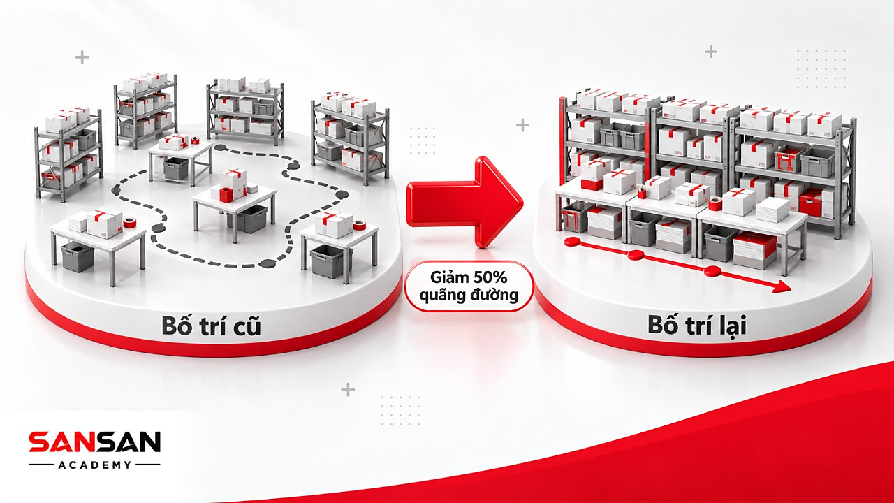 Khu đóng gói trước và sau khi bố trí lại trong dự án công nghiệp thông minh, quãng đường vận chuyển giảm 50%
