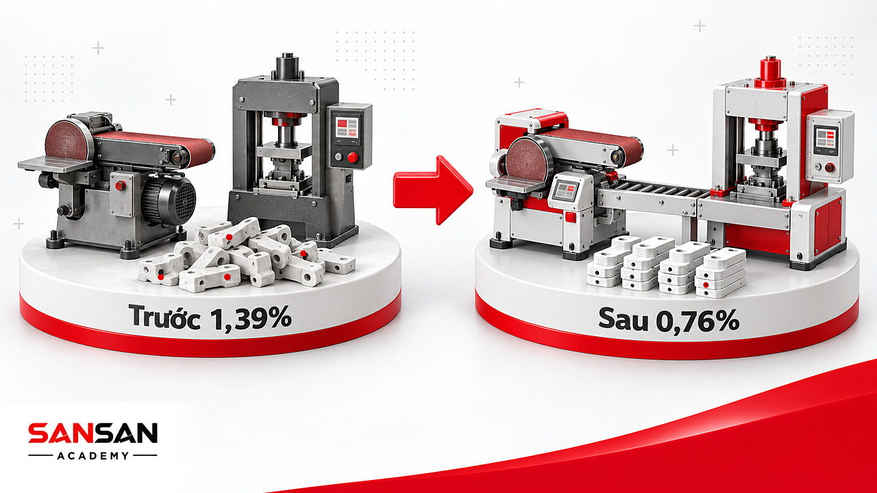 Tỷ lệ lỗi nhám giảm từ 1,39% xuống 0,76% khi đồng bộ máy chuốt nhám với máy tạo hình trong quy trình sản xuất