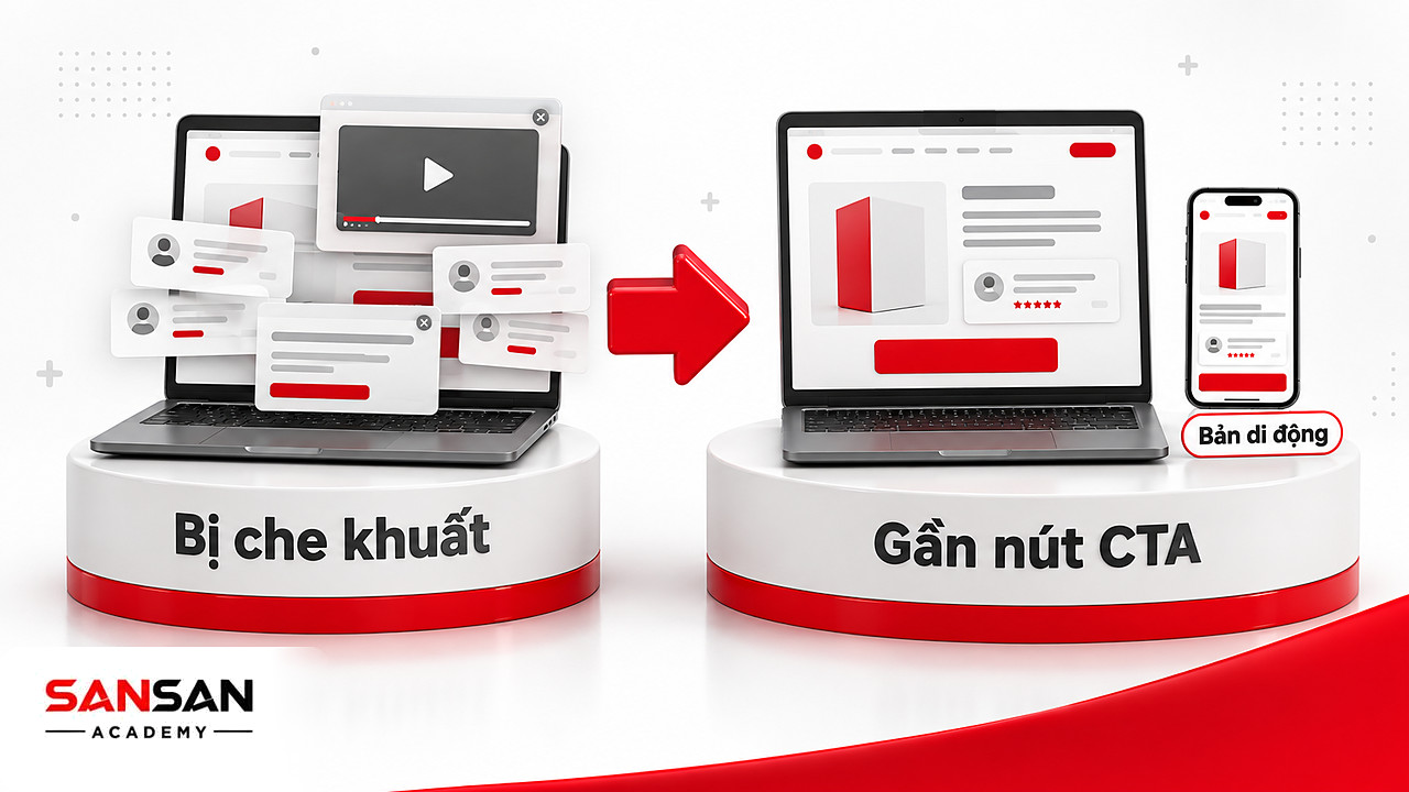Trang đích trước bị cửa sổ bật lên che nút CTA, sau đặt một thẻ social proof cạnh mô tả sản phẩm và nút CTA